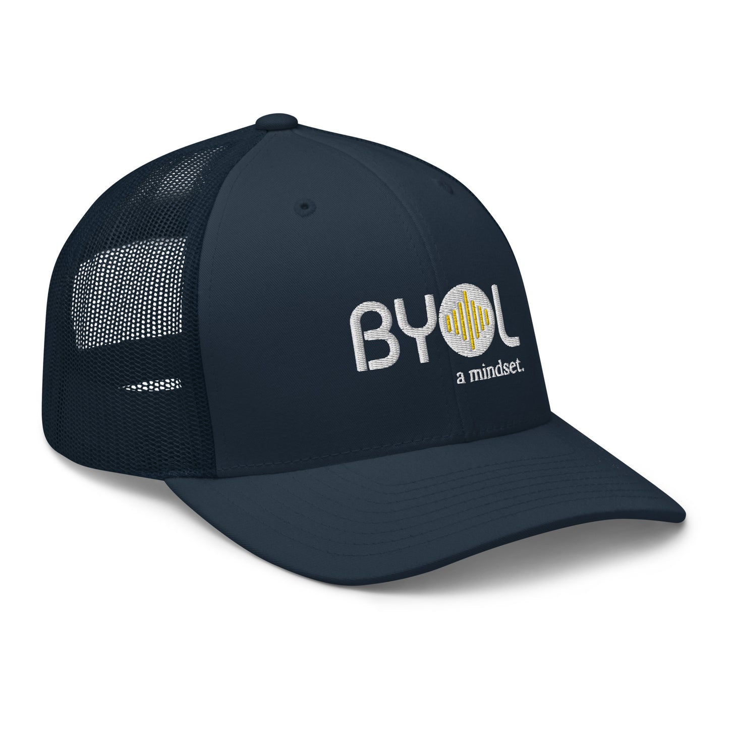 Navy blue retro trucker hat with "BYOL a mindset" embroidered on the front in white and yellow, displayed against a clean background. Available in various colors: black, white, brown, green, and beige.