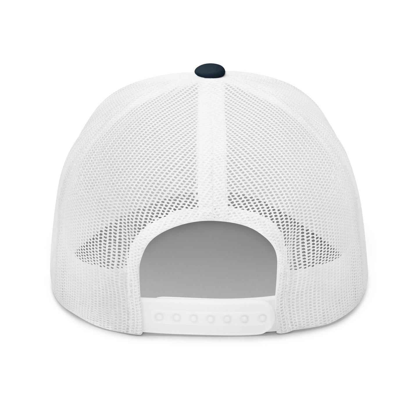 Rear view of a white trucker cap with a mesh back and an adjustable snap closure.