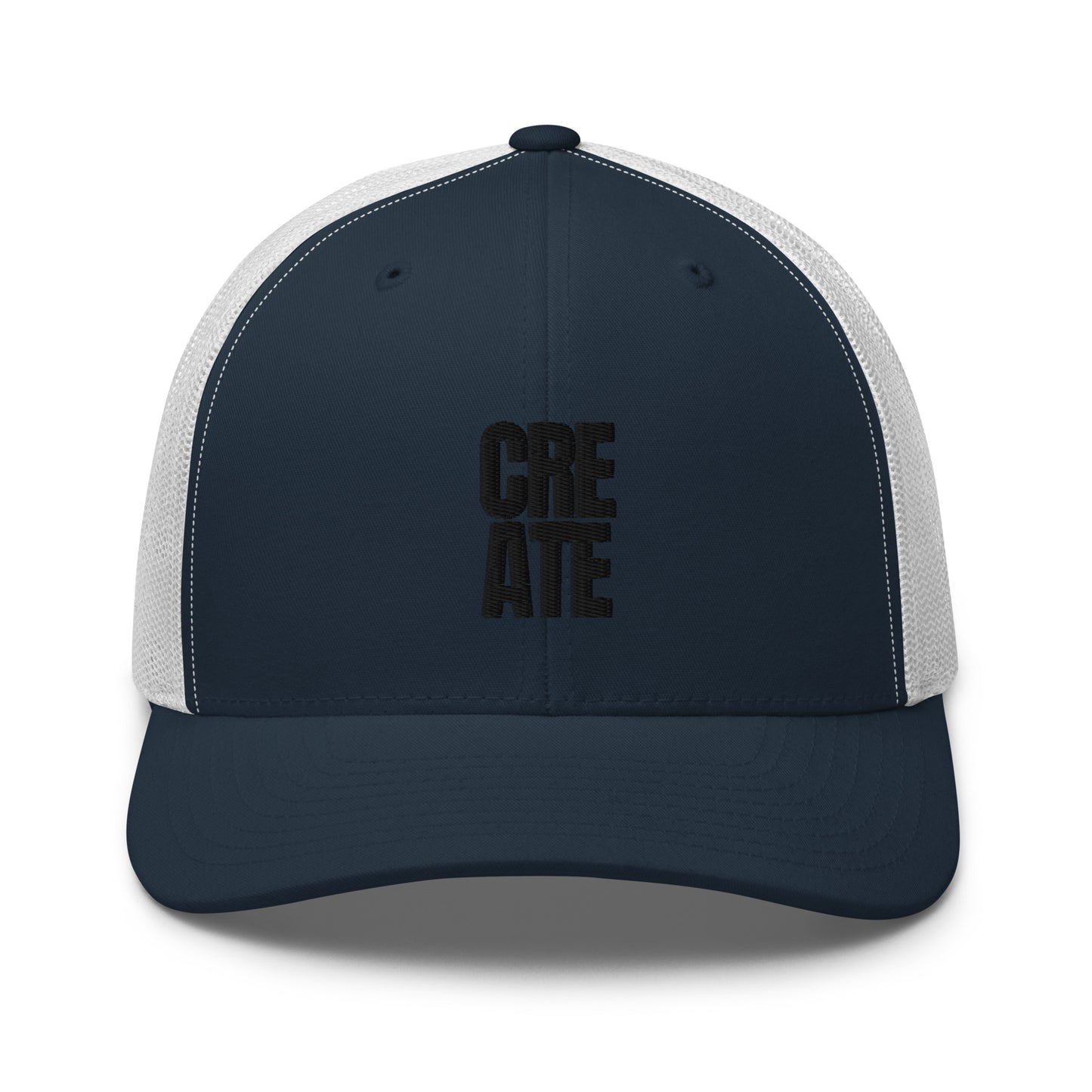 Navy Blue and White trucker cap with "CREATE" embroidered in black on the front, featuring a mesh back and adjustable strap.