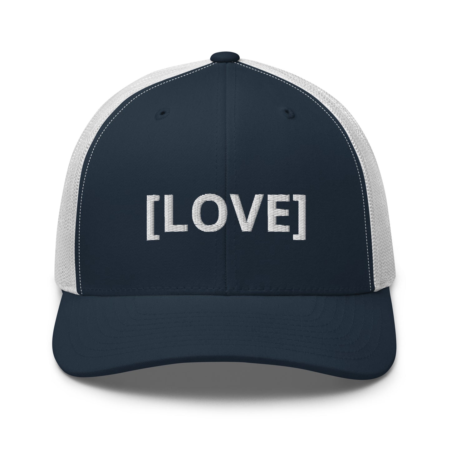 Navy blue and white trucker cap with the word 'LOVE' embroidered in white within brackets, symbolizing an inclusive message, featuring a mesh back and available in multiple colors.