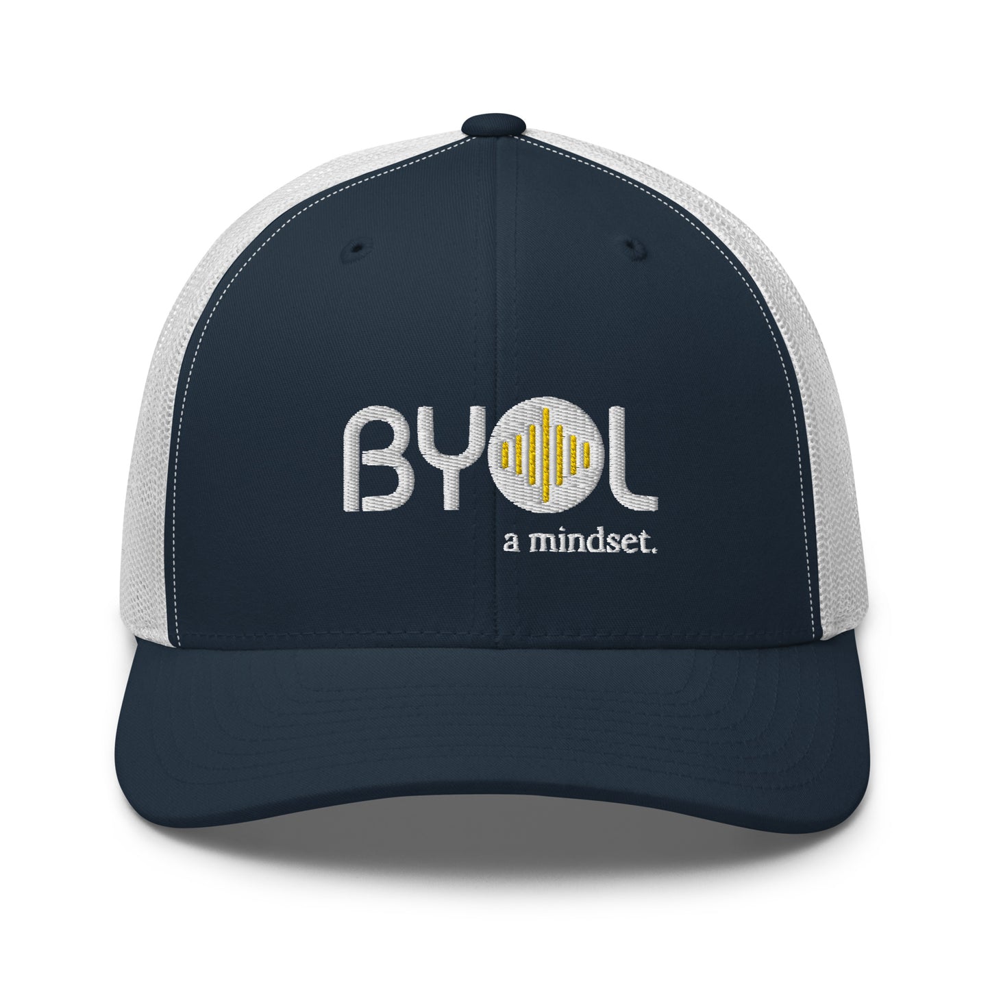 Blue and White retro trucker hat with "BYOL a mindset" embroidered on the front in gray and yellow, displayed against a clean background. Available in various colors: black, white, brown, green, and beige.