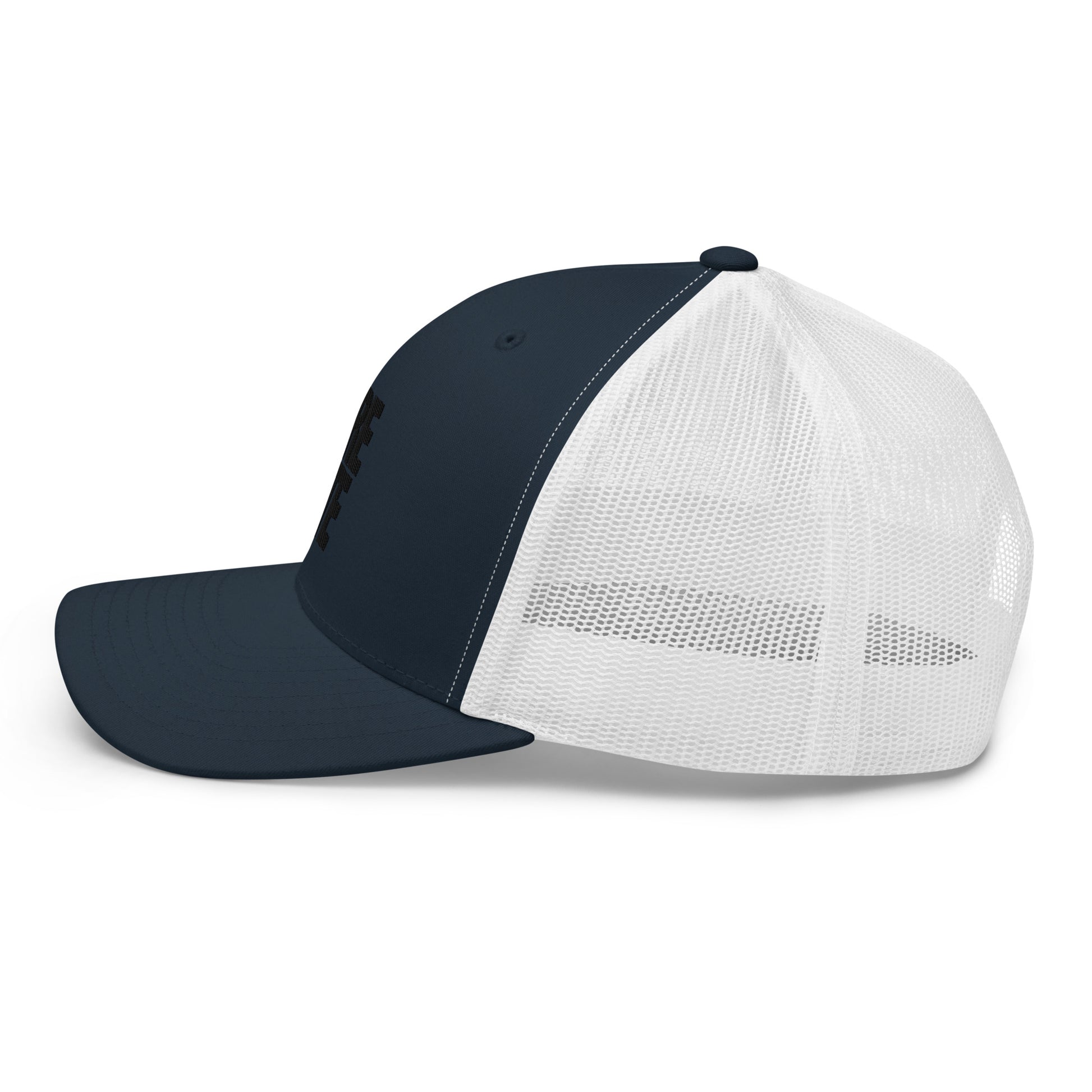 Navy blue and White trucker cap with a mesh back, featuring a side view with the word "LIFE" embroidered in black on the side panel.