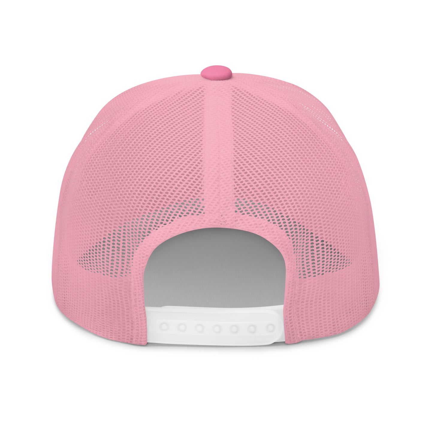 Rear view of a pink trucker cap with a mesh back and an adjustable snap closure.