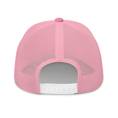 Rear view of a pink trucker cap with a mesh back and an adjustable snap closure.