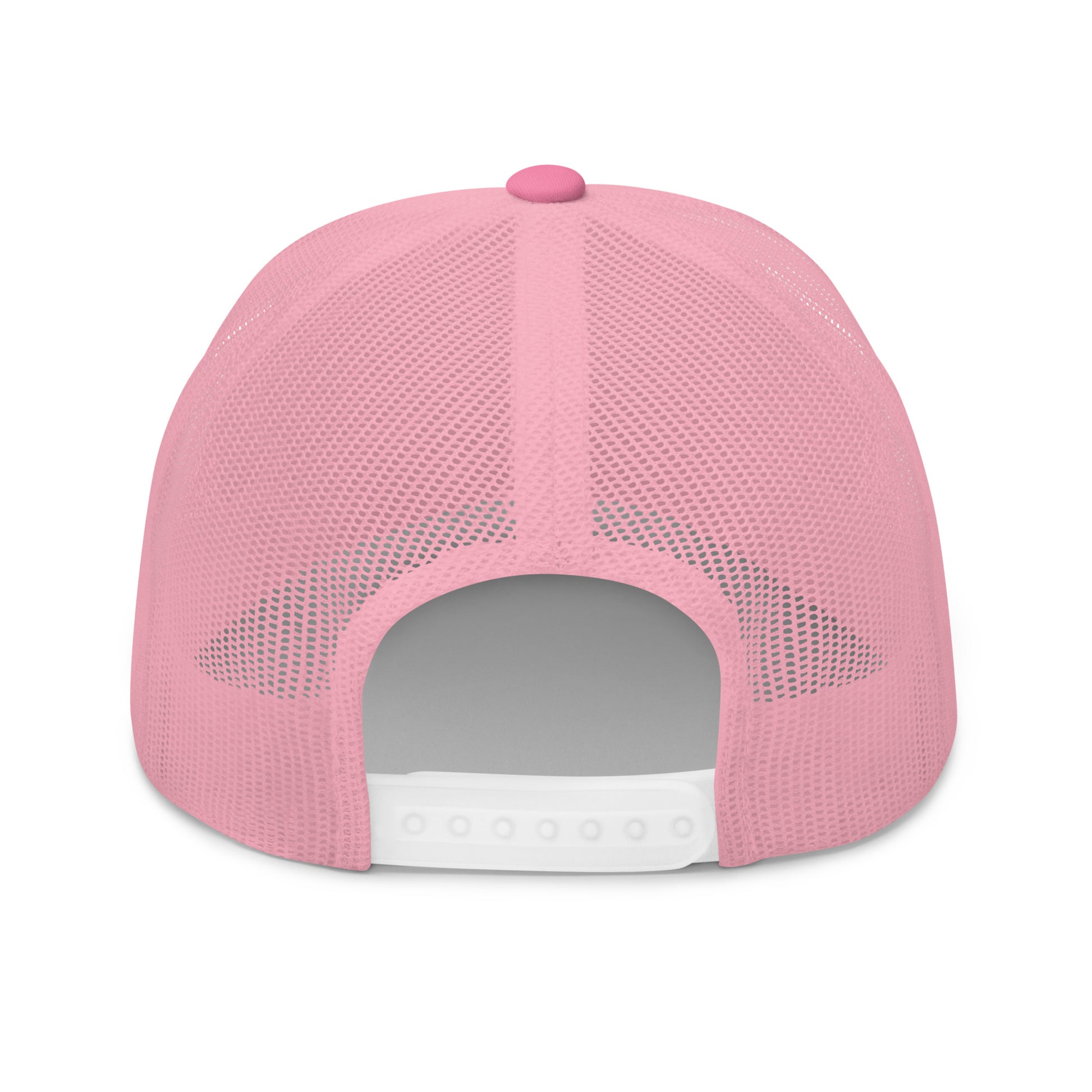 Pink trucker cap with an embroidered colorful striped sunrise design in the center, featuring a mesh back and adjustable strap, available in multiple base colors.