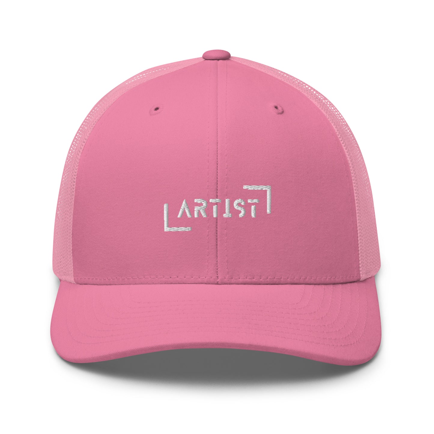 Pink trucker cap with white "ARTIST" embroidery on the front, featuring a mesh back and an adjustable strap for a personalized fit.