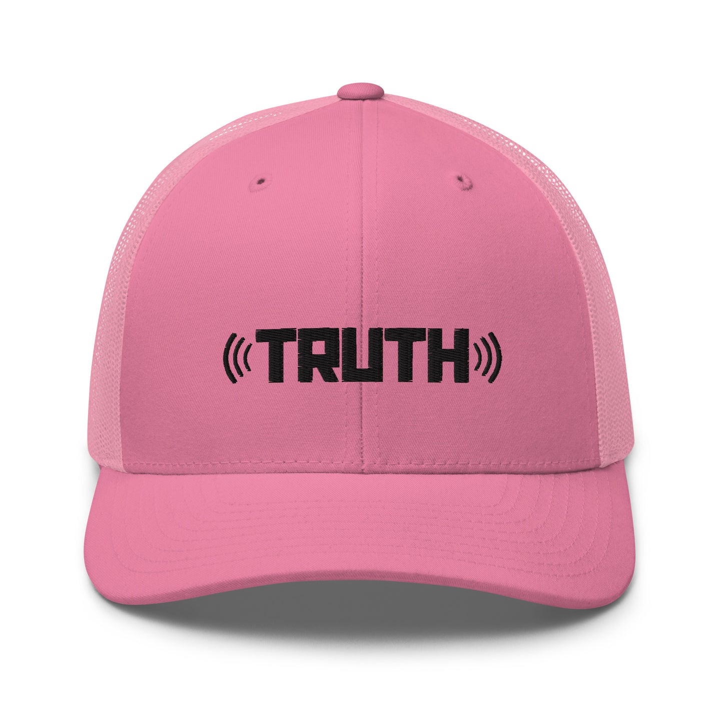 Pink trucker cap with the word "TRUTH" in black, flanked by sound wave symbols, featuring a mesh back and an adjustable strap, available in multiple colors.