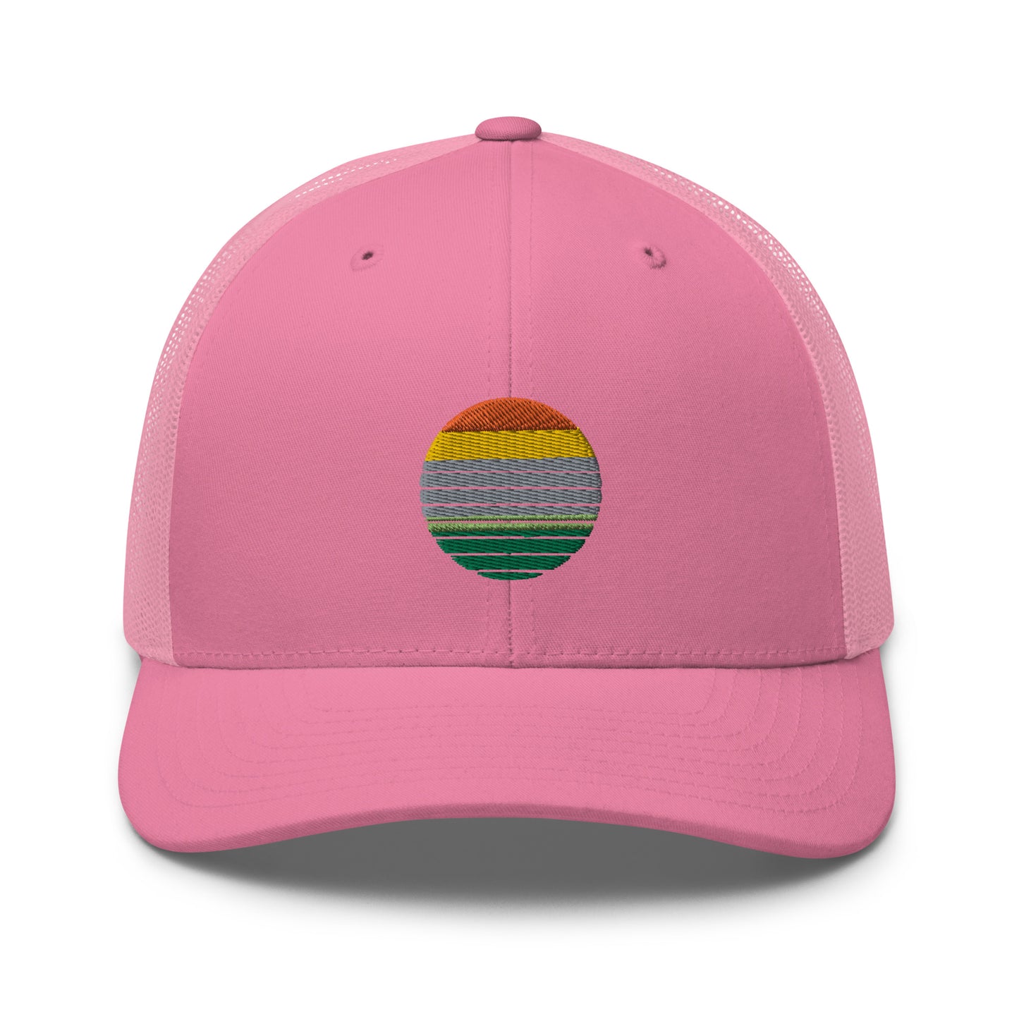 Pink trucker cap with an embroidered colorful striped sunrise design in the center, featuring a mesh back and adjustable strap, available in multiple base colors.