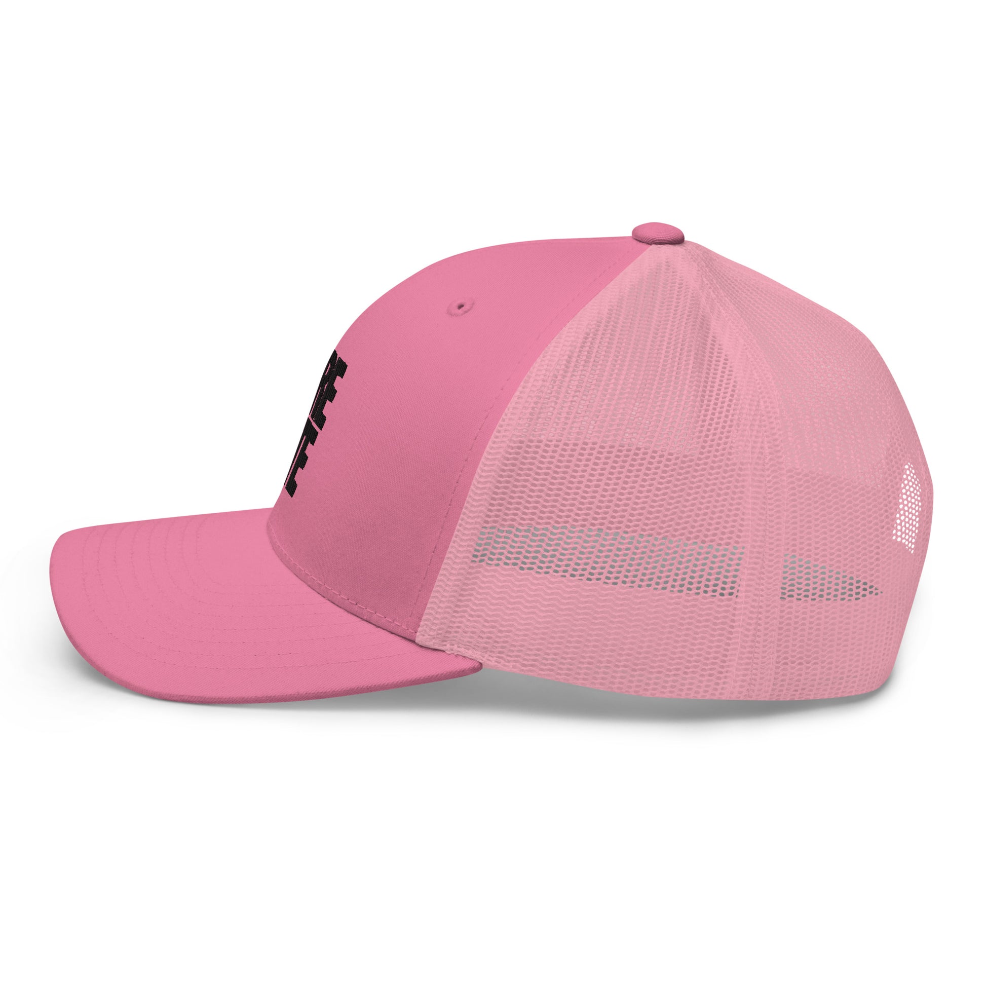 Pink trucker cap with a mesh back, featuring a side view with the word "LIFE" embroidered in black on the side panel.