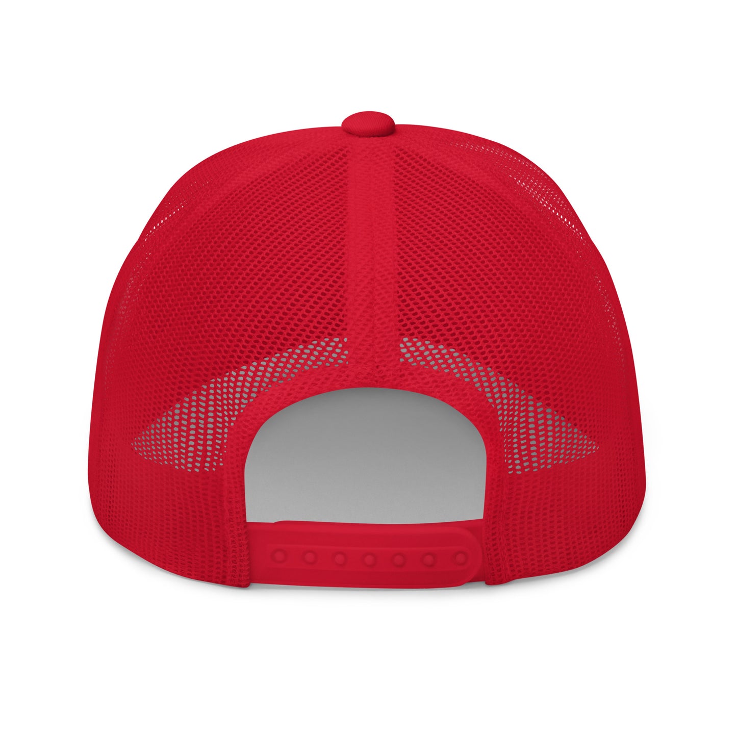 Rear view of a red trucker cap with a mesh back and an adjustable snap closure.