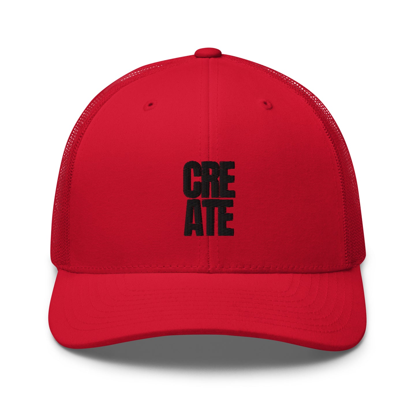 red trucker cap with "CREATE" embroidered in black on the front, featuring a mesh back and adjustable strap.