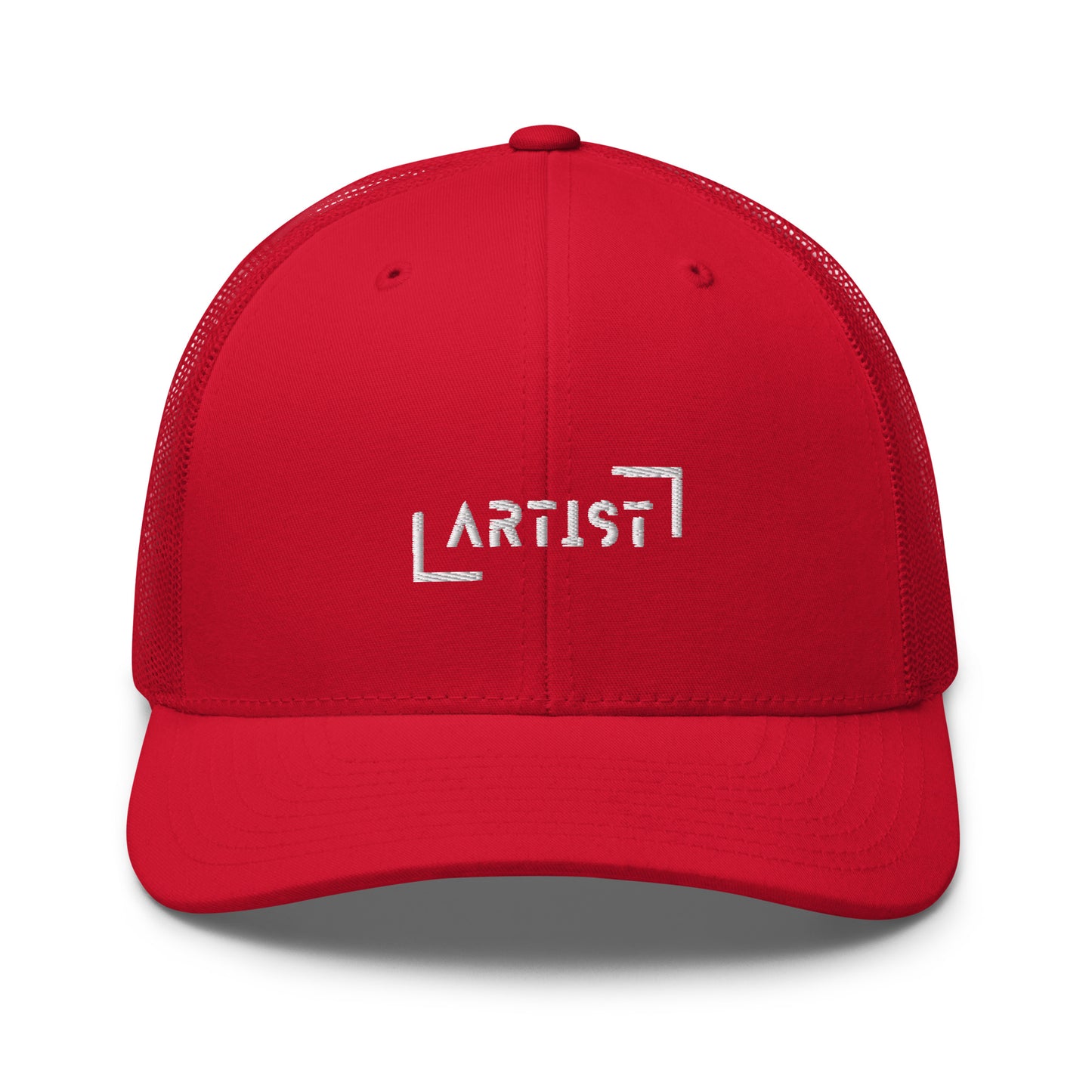 Red trucker cap with white "ARTIST" embroidery on the front, featuring a mesh back and an adjustable strap for a personalized fit.