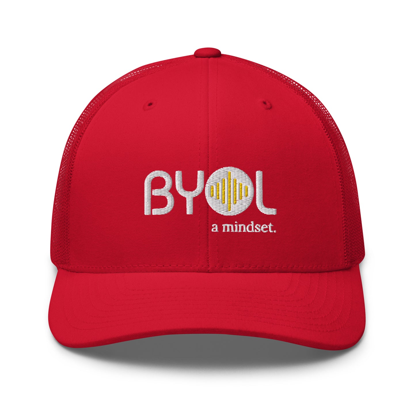 Red retro trucker hat with "BYOL a mindset" embroidered on the front in gray and yellow, displayed against a clean background. Available in various colors: black, white, brown, green, and beige.