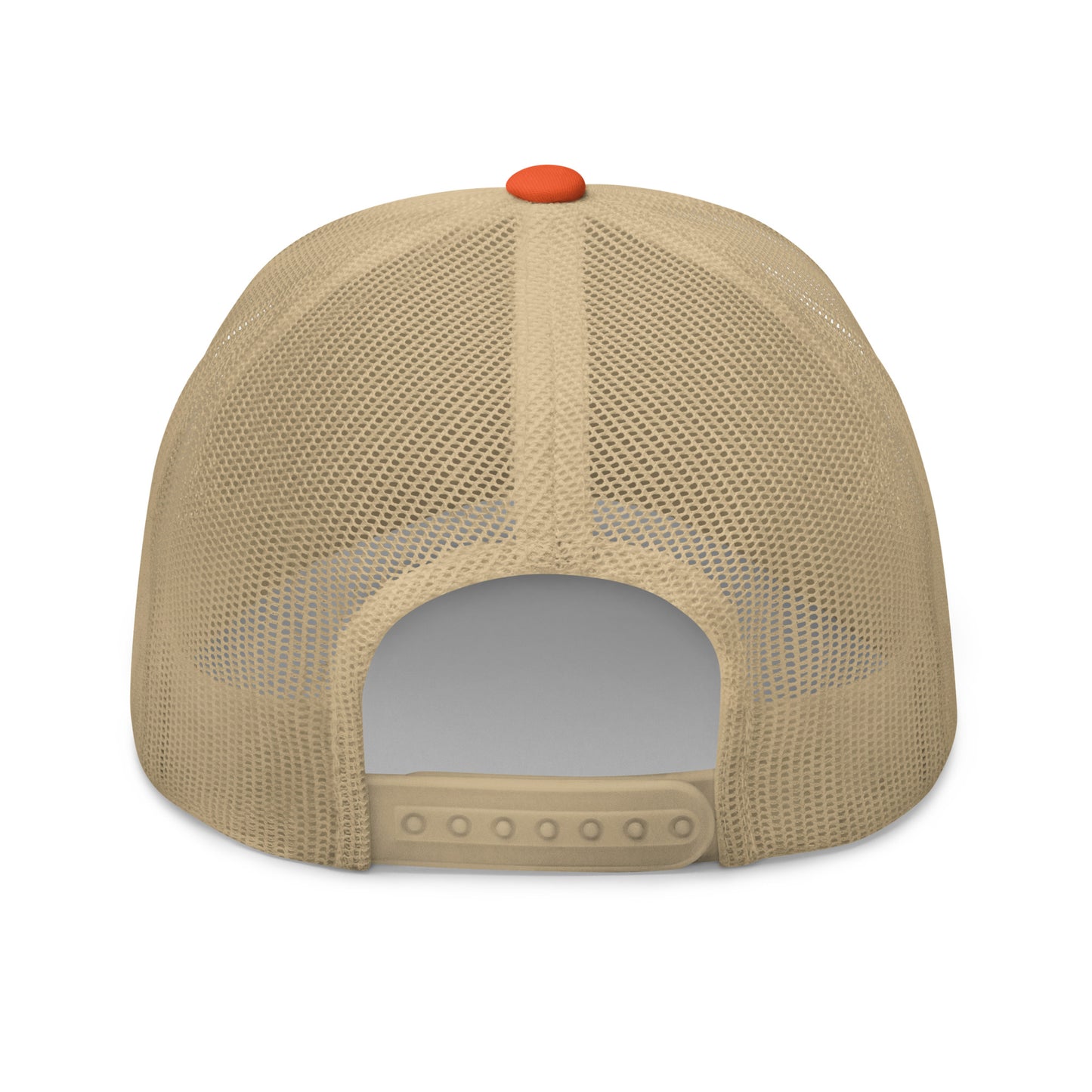 Khaki trucker cap with an embroidered colorful striped sunrise design in the center, featuring a mesh back and adjustable strap, available in multiple base colors.