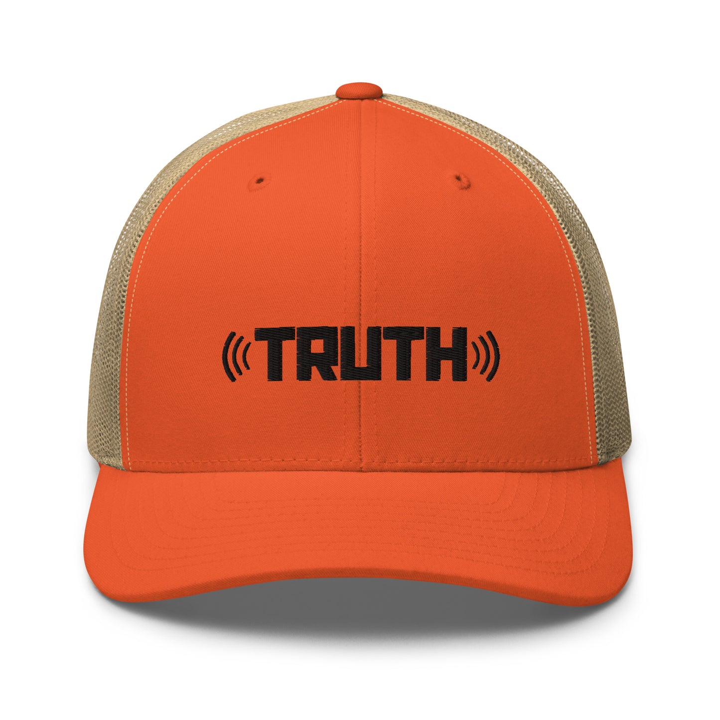 Orange and Khaki trucker cap with the word "TRUTH" in black, flanked by sound wave symbols, featuring a mesh back and an adjustable strap, available in multiple colors.