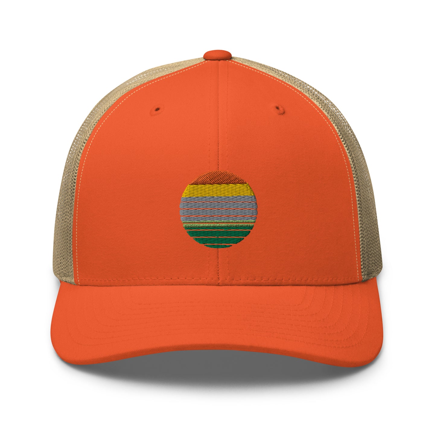 Orange and khaki trucker cap with an embroidered colorful striped sunrise design in the center, featuring a mesh back and adjustable strap, available in multiple base colors.