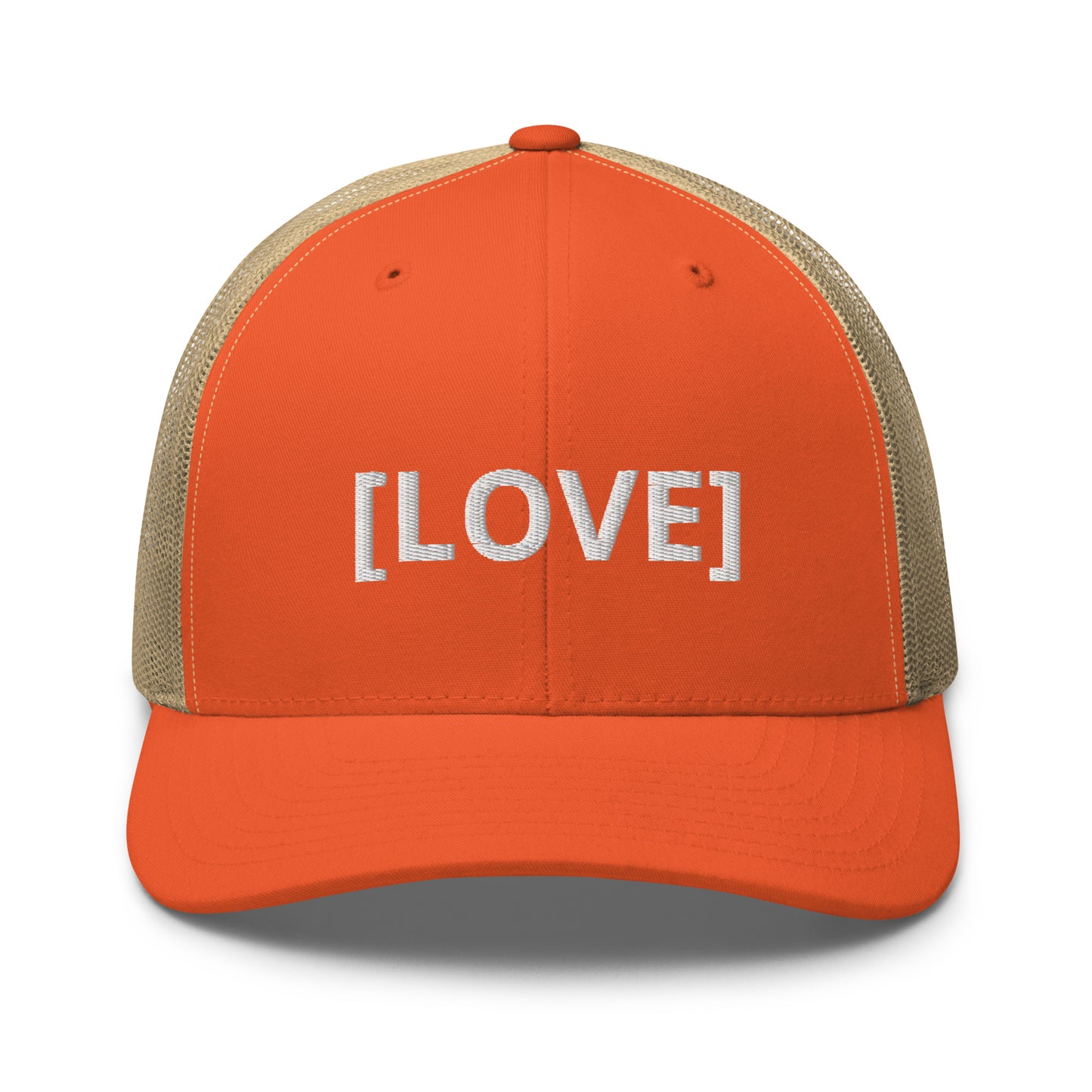 Orange and khaki trucker cap with the word 'LOVE' embroidered in white within brackets, symbolizing an inclusive message, featuring a mesh back and available in multiple colors.