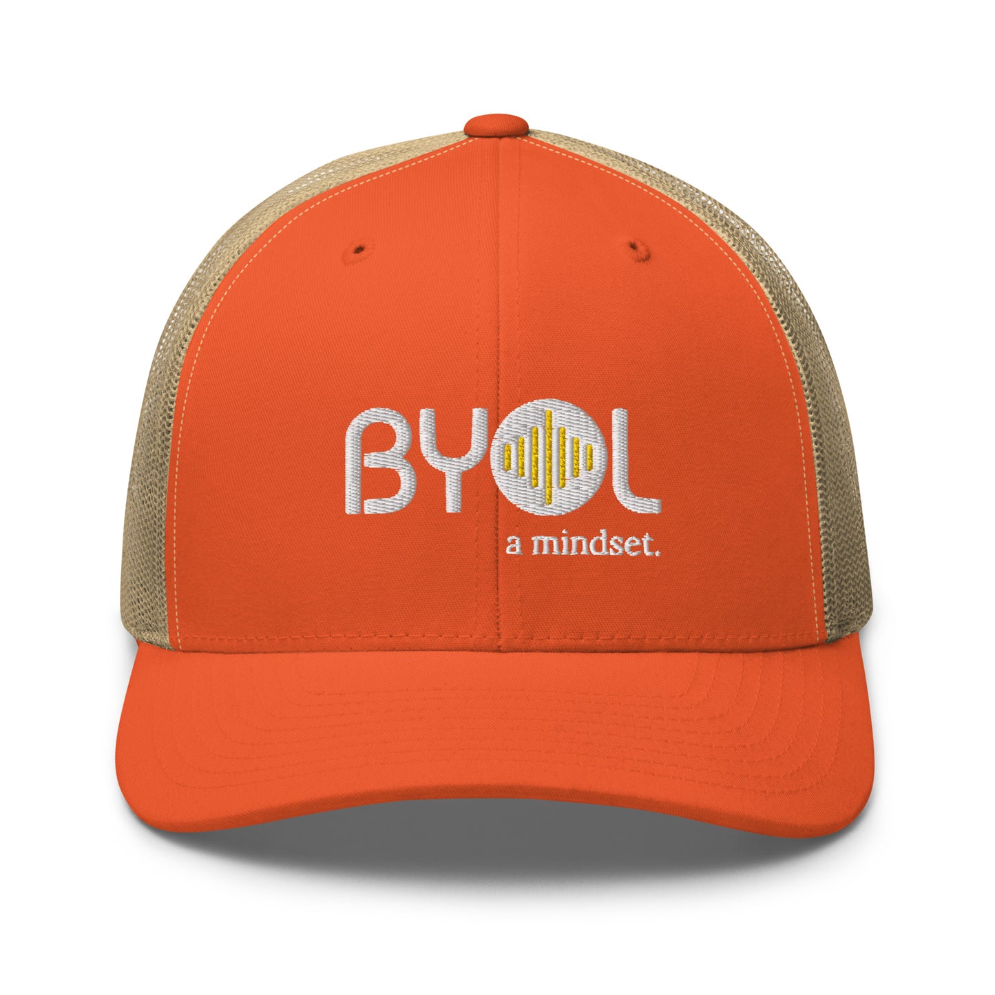 Orange and khaki retro trucker hat with "BYOL a mindset" embroidered on the front in gray and yellow, displayed against a clean background. Available in various colors: black, white, brown, green, and beige.