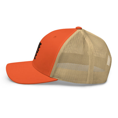 Orange and Khaki trucker cap with a mesh back, featuring a side view with the word "LIFE" embroidered in black on the side panel.