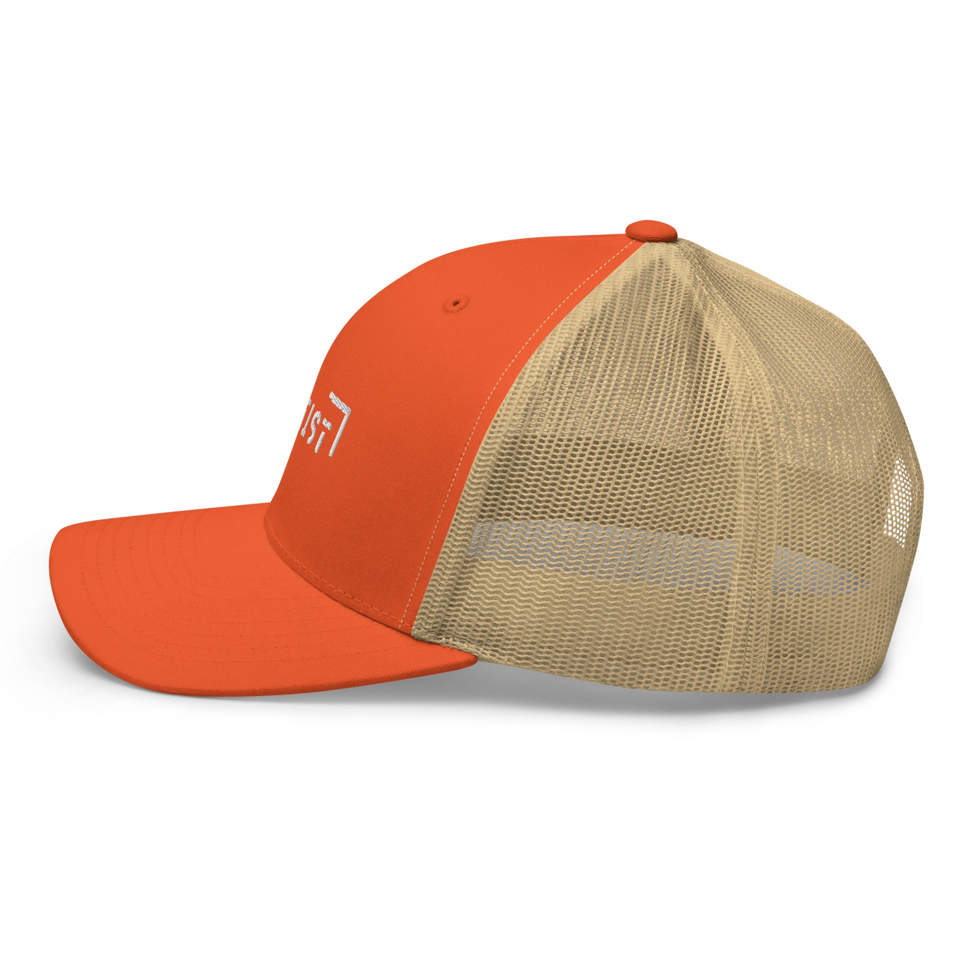 Orange and khaki trucker cap with a mesh back, featuring a side view with the word "LIFE" embroidered in black on the side panel.