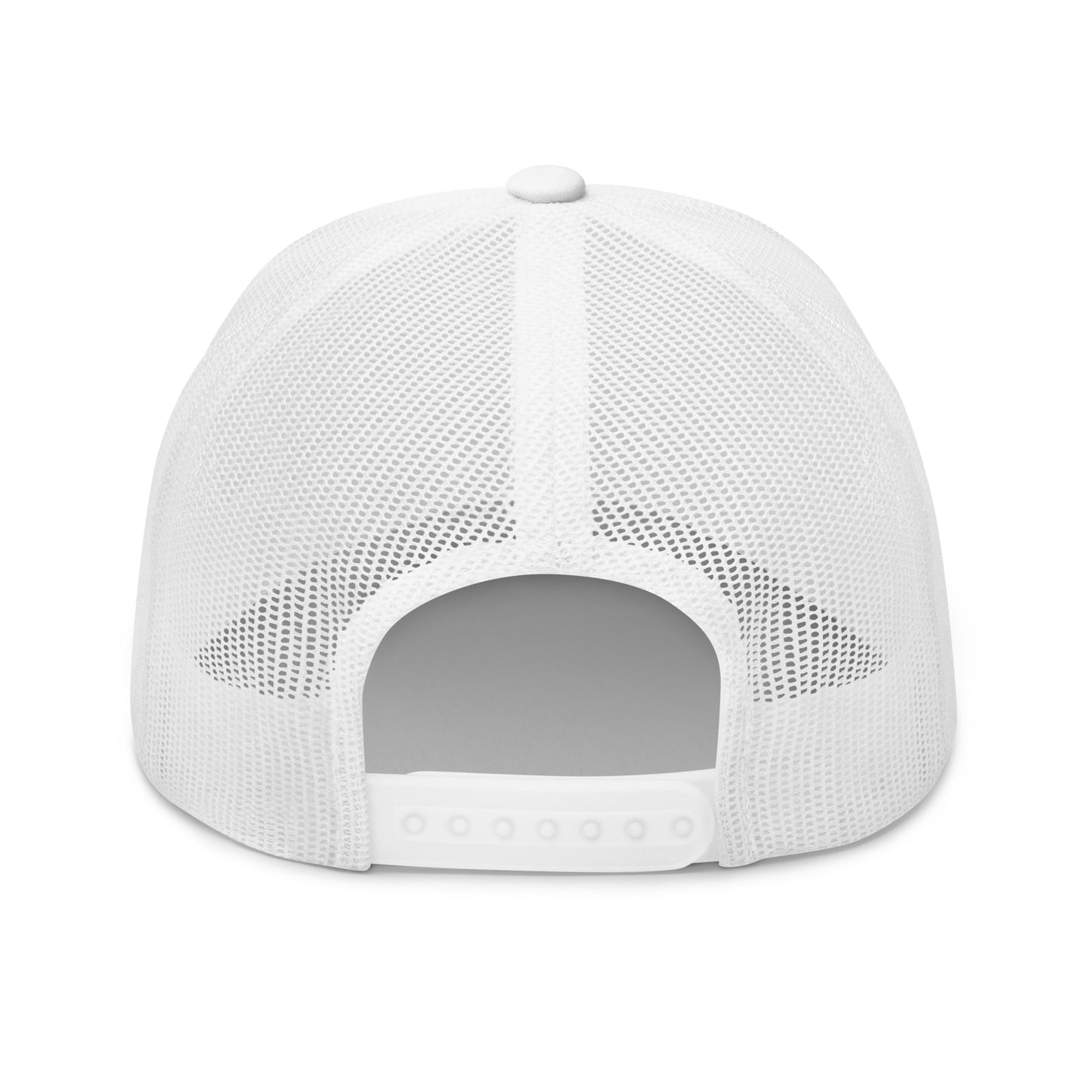 Rear view of a white trucker cap with a mesh back and an adjustable snap closure.