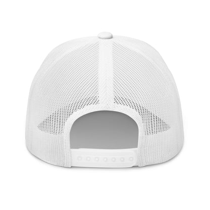 Rear view of a white trucker cap with a mesh back and an adjustable snap closure.