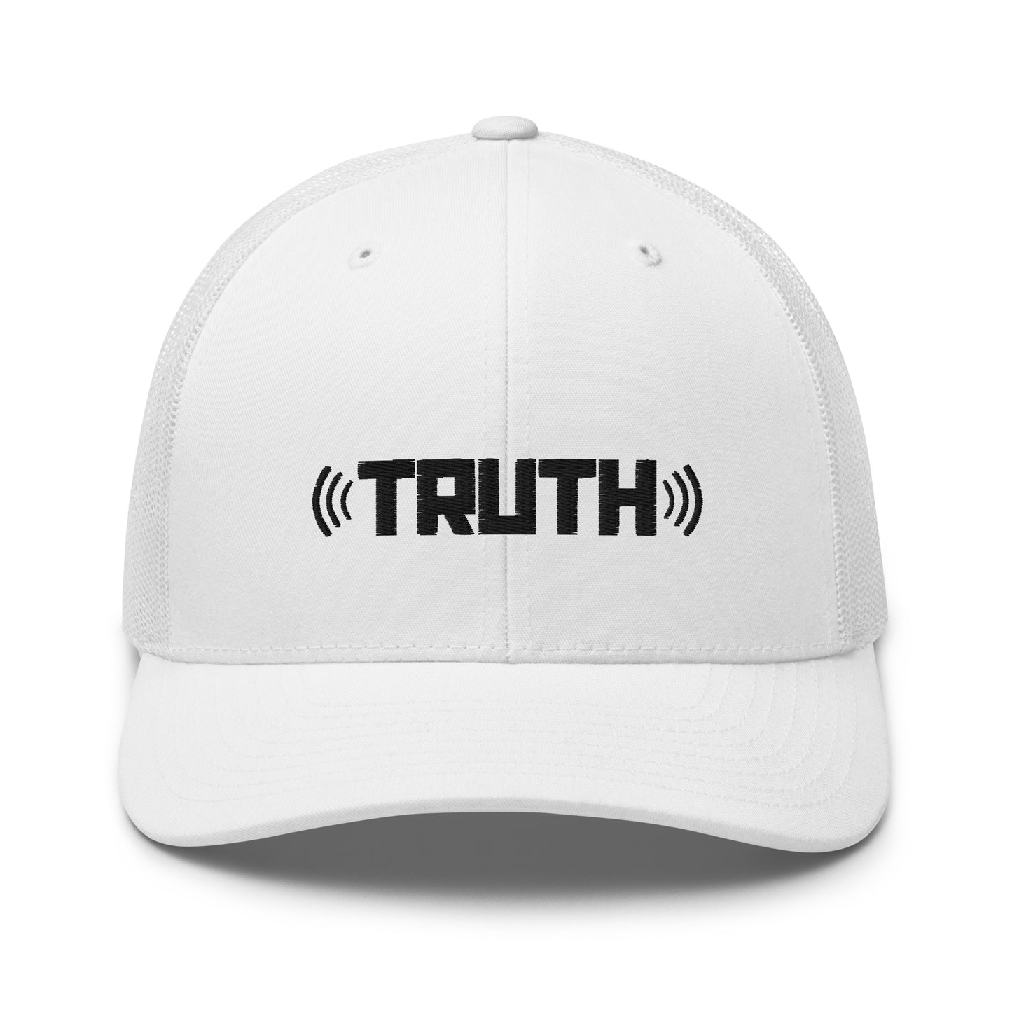 White trucker cap with the word "TRUTH" in black, flanked by sound wave symbols, featuring a mesh back and an adjustable strap, available in multiple colors.