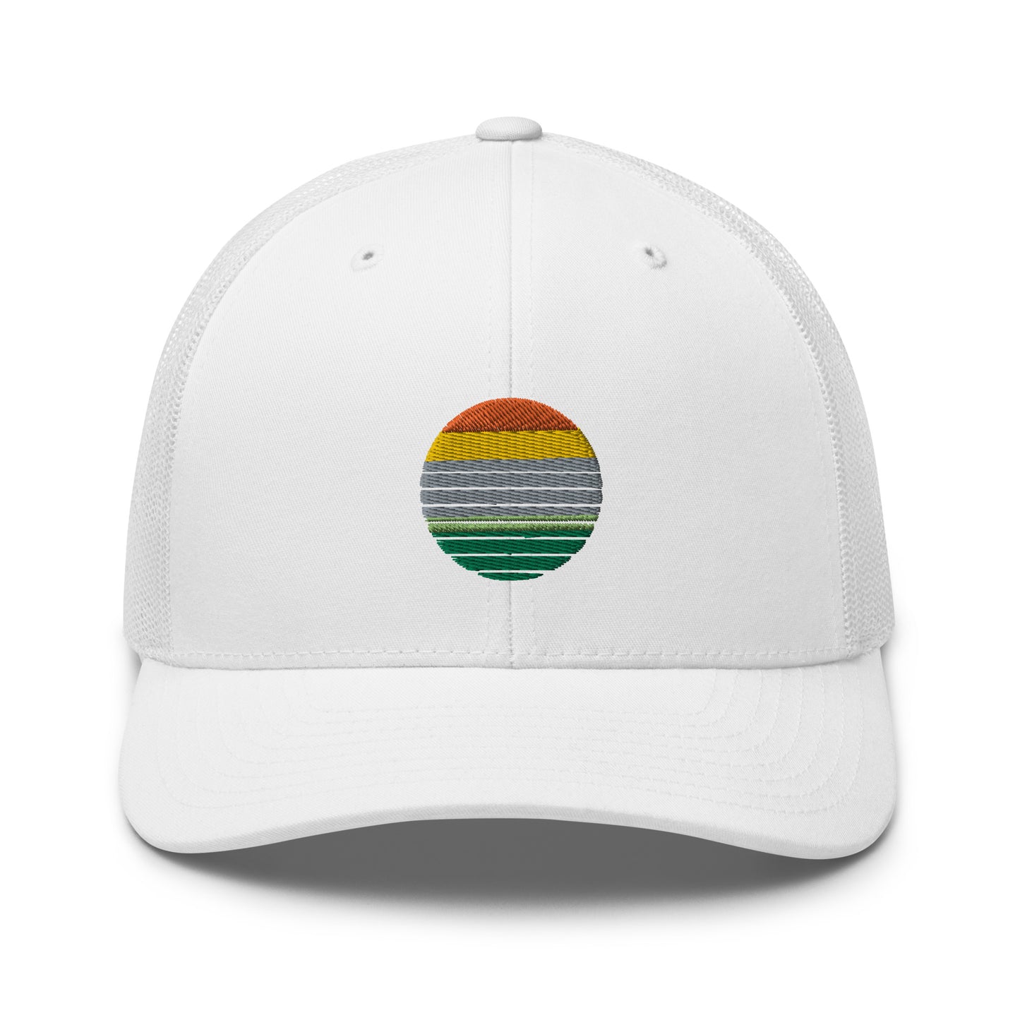 White trucker cap with an embroidered colorful striped sunrise design in the center, featuring a mesh back and adjustable strap, available in multiple base colors.