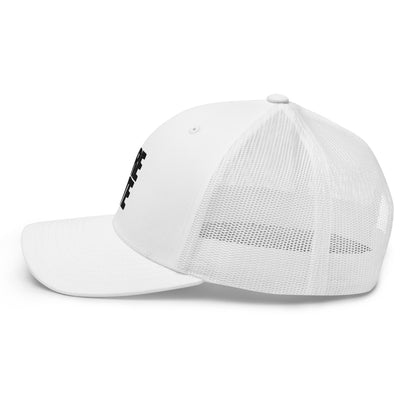 White trucker cap with a mesh back, featuring a side view with the word "LIFE" embroidered in black on the side panel.