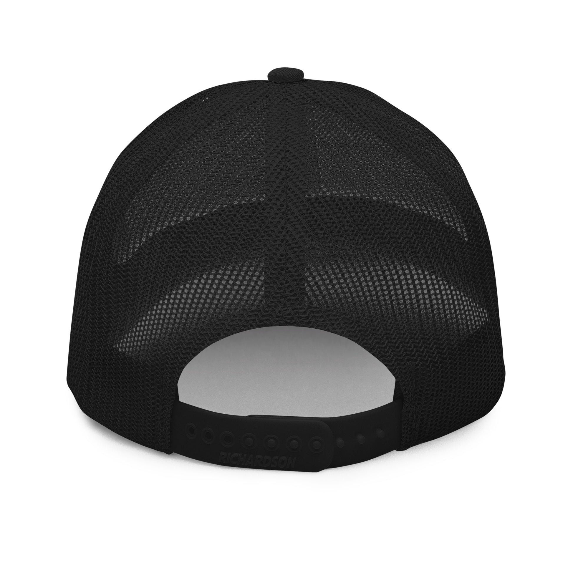 A rear view of a black snapback trucker cap, showcasing a mesh back for breathability and an adjustable plastic snap closure for a customizable fit. The cap has a gray underbill, and the brand "RICHARDSON" is embossed on the back panel above the snapback.