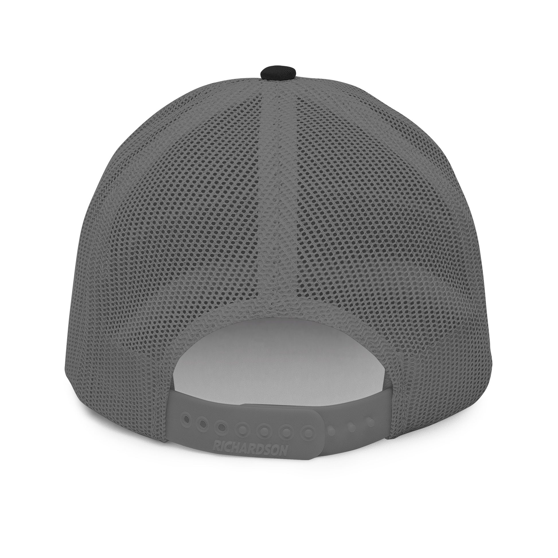 A rear view of a grey snapback trucker cap, showcasing a mesh back for breathability and an adjustable plastic snap closure for a customizable fit. The cap has a gray underbill, and the brand "RICHARDSON" is embossed on the back panel above the snapback.