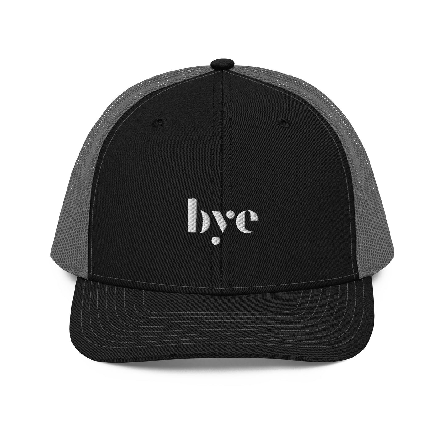 A structured black and grey trucker cap mesh back. The front features a white embroidered logo that reads "b.y.e" in lowercase letters. The cap has a curved brim with stitching detail and an adjustable snapback closure at the rear.