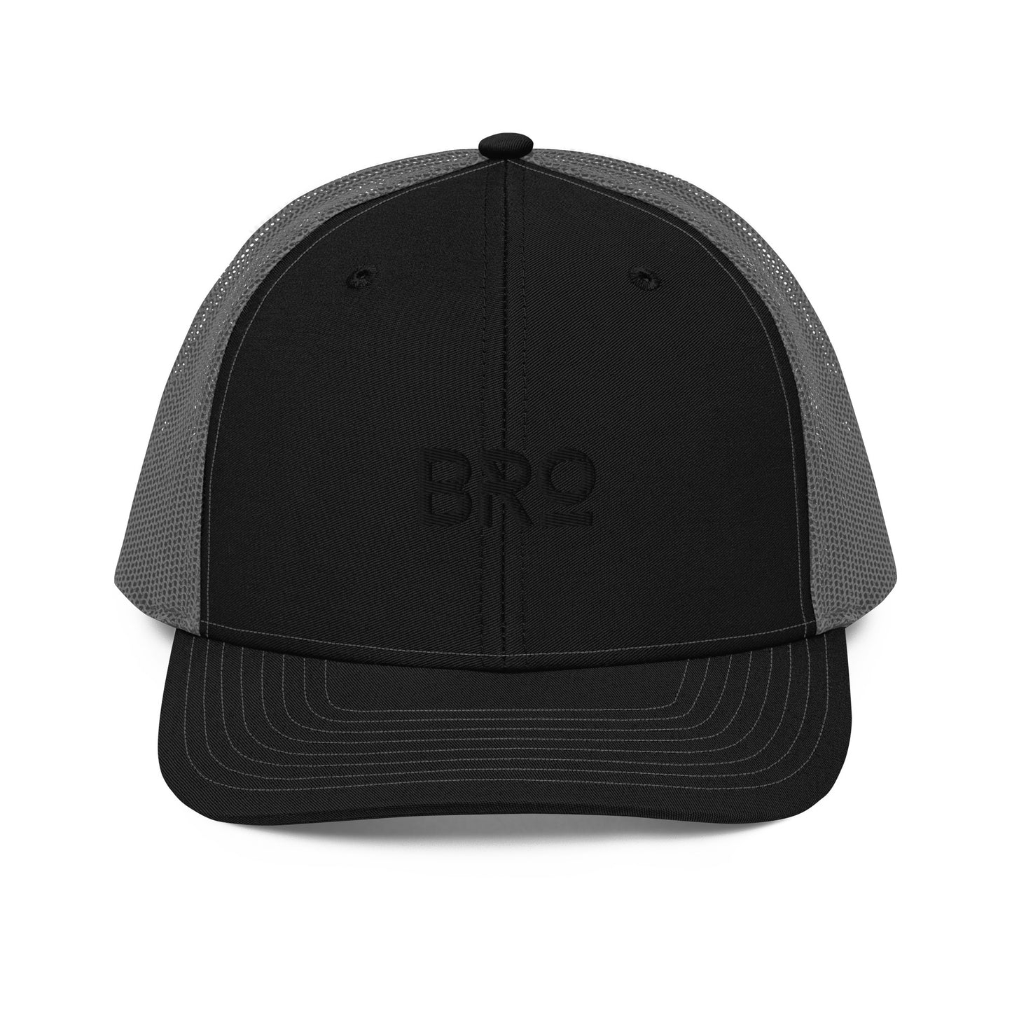 A black and grey snapback trucker cap with the letters "BRO" in bold black font centered on the front panel. This cap features a curved brim, black mesh back panels for enhanced airflow, and an adjustable snap closure ensuring a snug and comfortable fit.