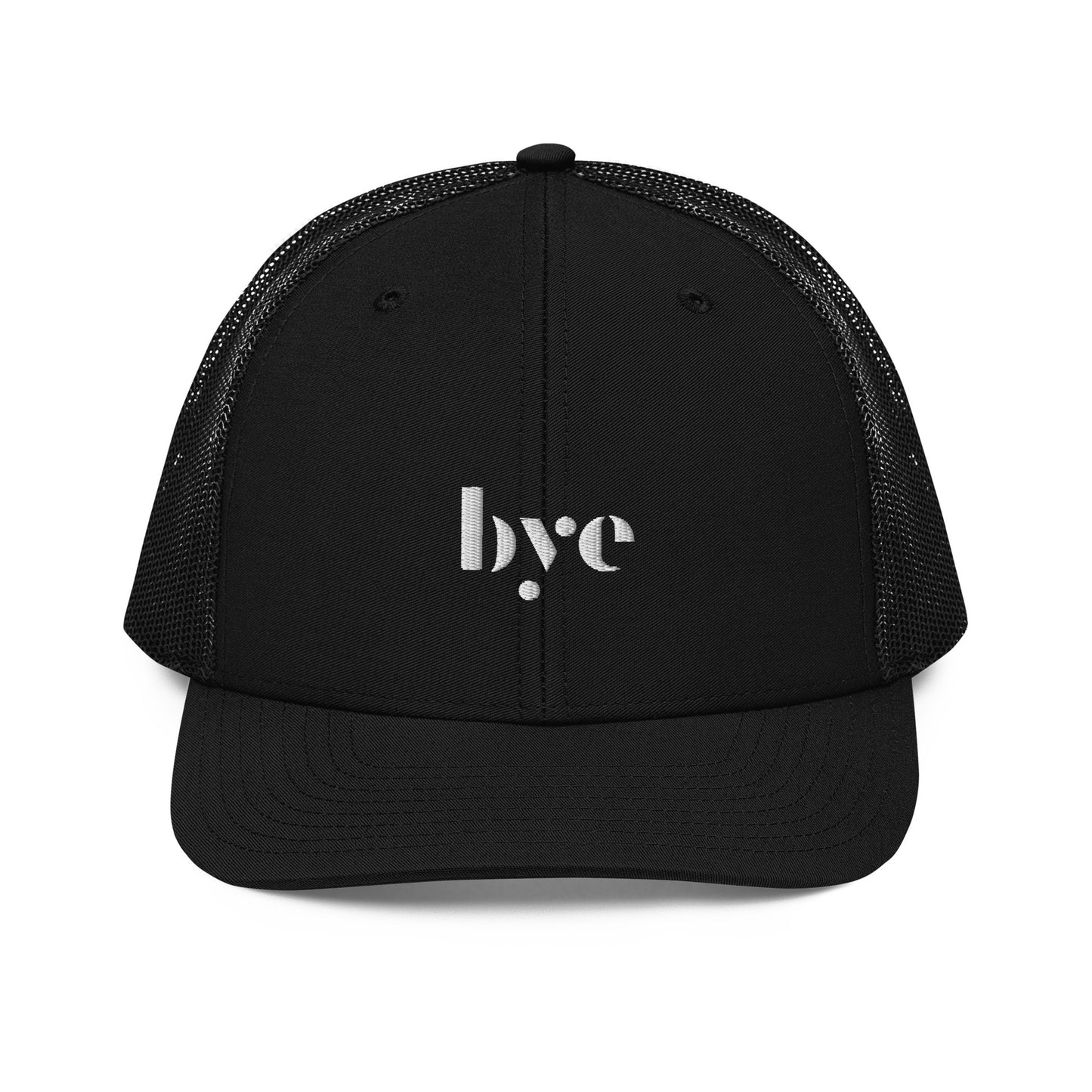 A structured black trucker cap mesh back. The front features a white embroidered logo that reads "b.y.e" in lowercase letters. The cap has a curved brim with stitching detail and an adjustable snapback closure at the rear.