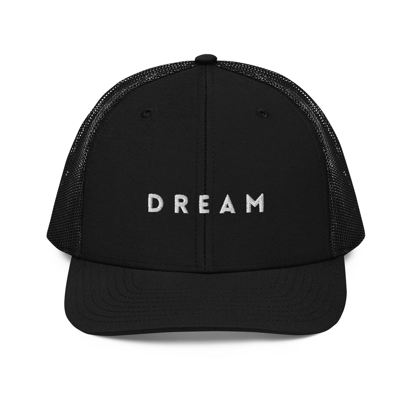 An black snapback trucker cap featuring the word "DREAM" in bold white letters embroidered across the front panel. This cap is designed with a curved visor, structured front crown, and breathable mesh panels on the sides and back, complete with an adjustable snap closure for a personalized fit.