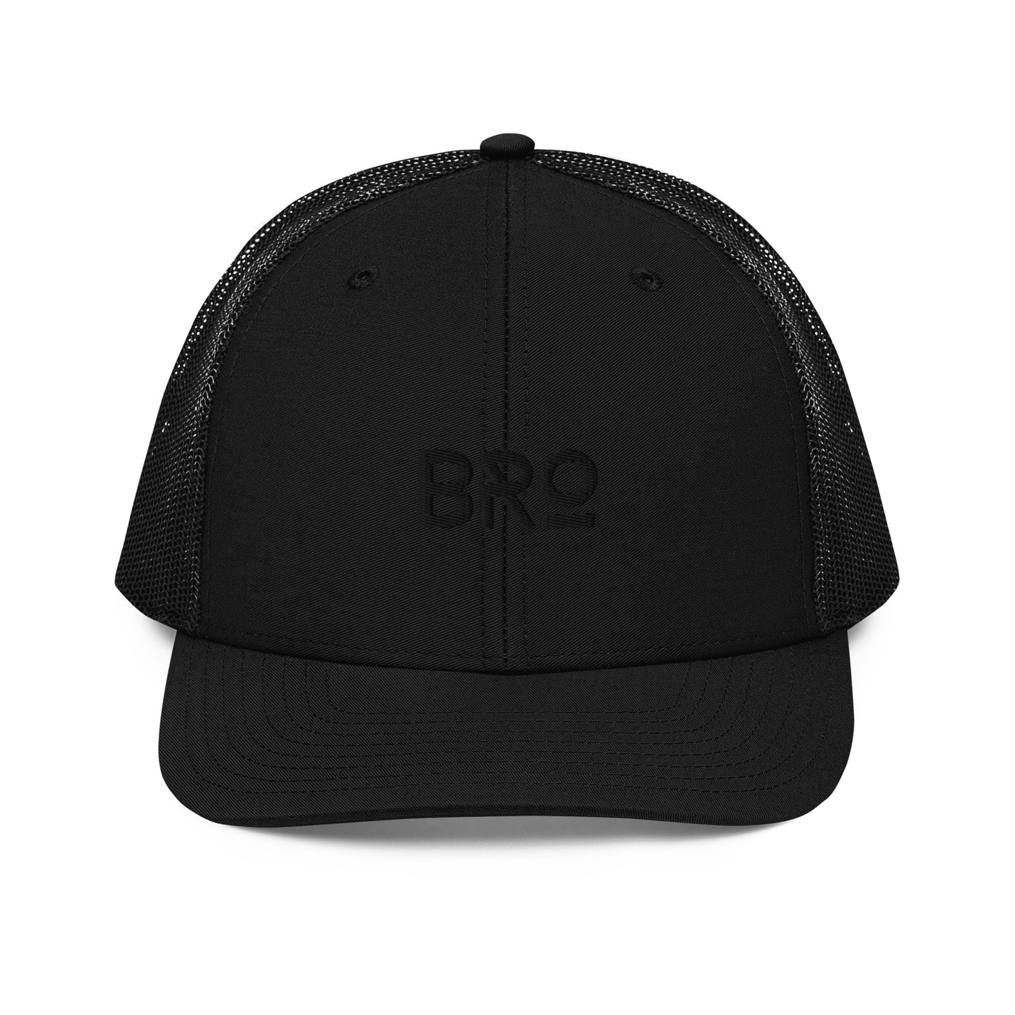 A black snapback trucker cap with the letters "BRO" in bold black font centered on the front panel. This cap features a curved brim, black mesh back panels for enhanced airflow, and an adjustable snap closure ensuring a snug and comfortable fit.