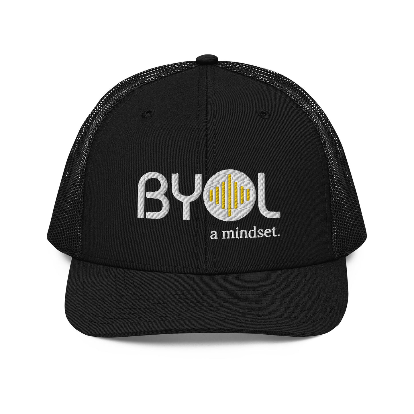 Black pre-curved contrast stitched trucker hat with "BYOL a mindset" embroidered on the front in white and yellow, displayed against a clean background. Available in various colors: maroon, black, green, and gray.