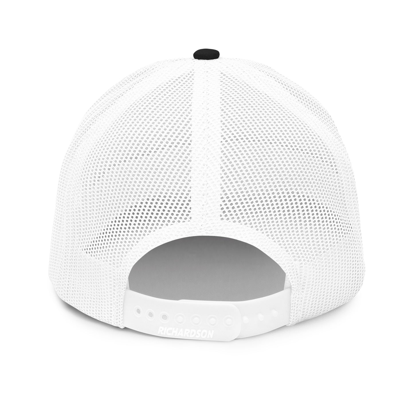 A rear view of a white snapback trucker cap, showcasing a mesh back for breathability and an adjustable plastic snap closure for a customizable fit. The cap has a gray underbill, and the brand "RICHARDSON" is embossed on the back panel above the snapback.