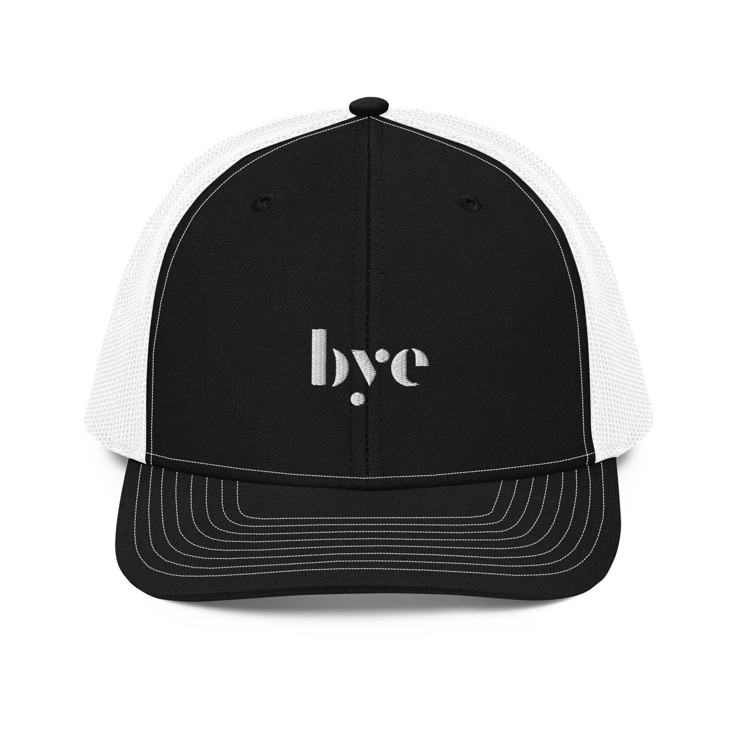 A structured black and white trucker cap mesh back. The front features a white embroidered logo that reads "b.y.e" in lowercase letters. The cap has a curved brim with stitching detail and an adjustable snapback closure at the rear.