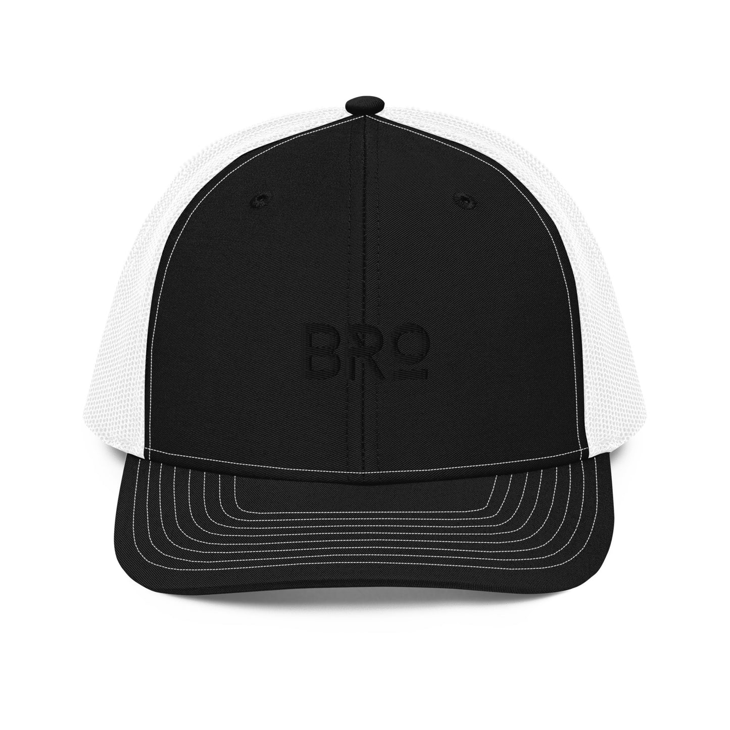 A black and white  snapback trucker cap with the letters "BRO" in bold black font centered on the front panel. This cap features a curved brim, black mesh back panels for enhanced airflow, and an adjustable snap closure ensuring a snug and comfortable fit.