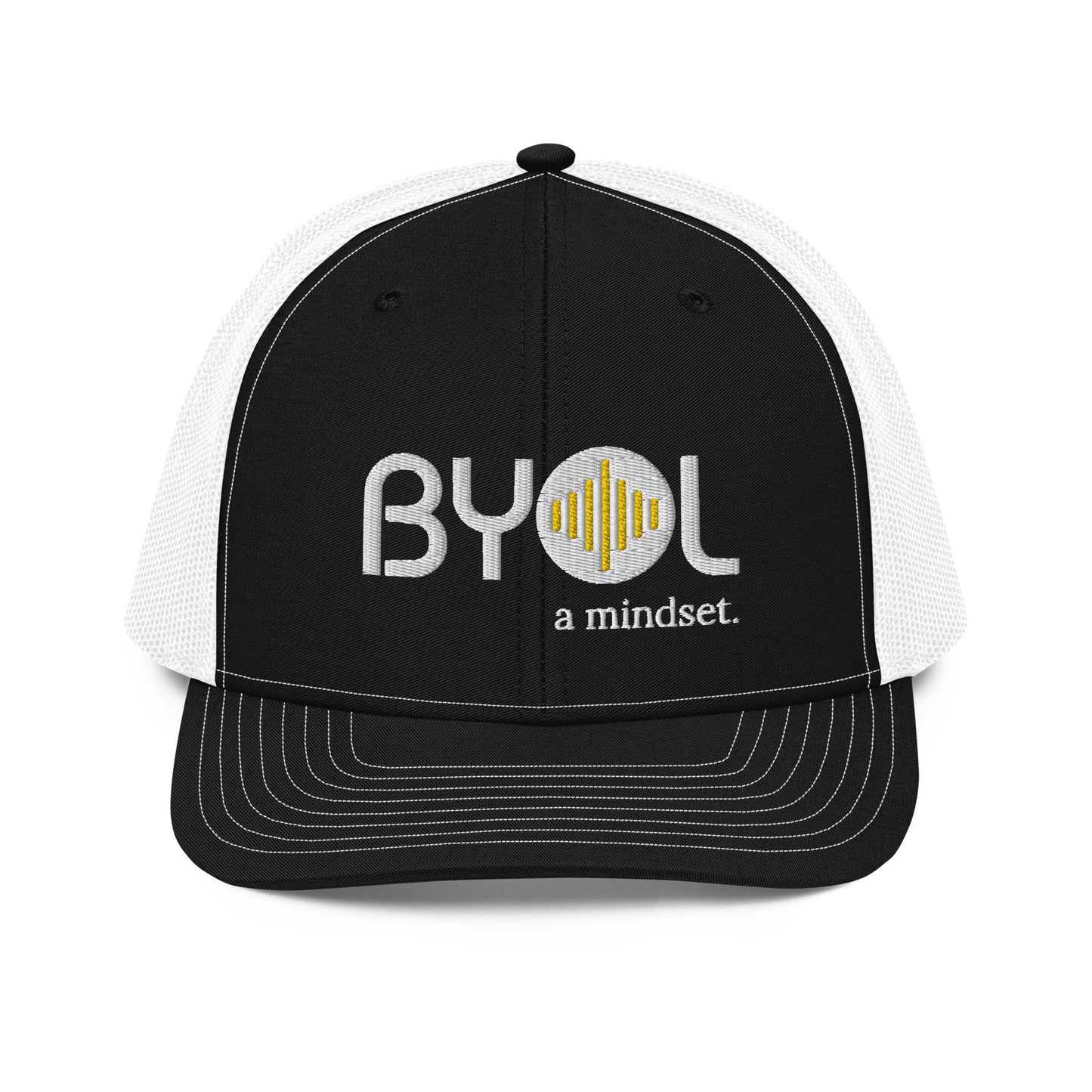 Black and white pre-curved contrast stitched trucker hat with "BYOL a mindset" embroidered on the front in white and yellow, displayed against a clean background. Available in various colors: maroon, black, green, and gray.