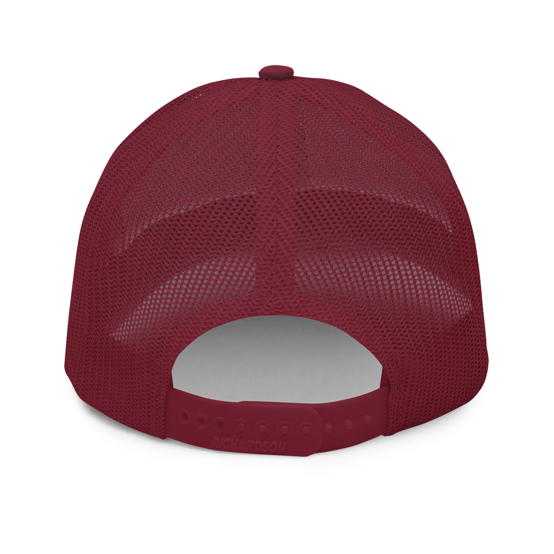 A rear view of a maroon snapback trucker cap, showcasing a mesh back for breathability and an adjustable plastic snap closure for a customizable fit. The cap has a gray underbill, and the brand "RICHARDSON" is embossed on the back panel above the snapback.