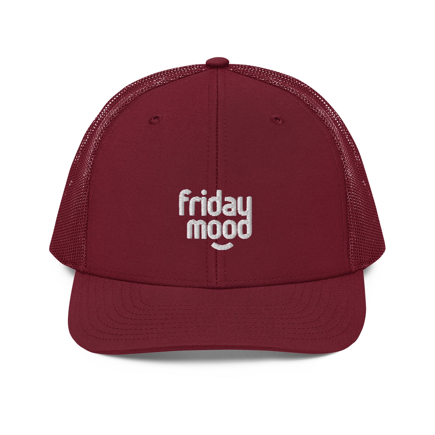 A front view of a maroon snapback trucker cap with the phrase "friday mood" embroidered in white lowercase letters on the front panel. The cap features a pre-curved visor, a top button, and white breathable mesh back panels, designed for a casual and comfortable fit.