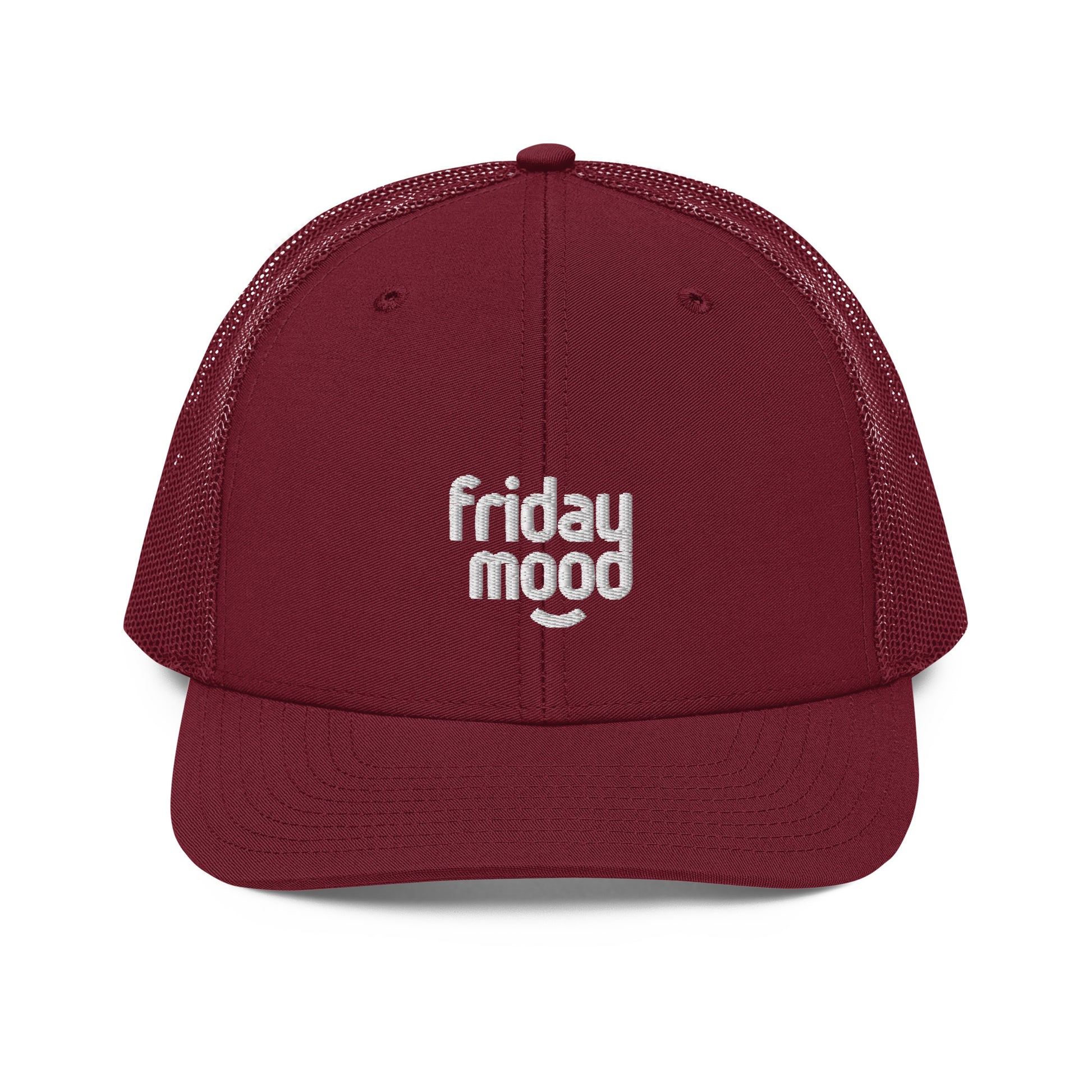 A front view of a maroon snapback trucker cap with the phrase "friday mood" embroidered in white lowercase letters on the front panel. The cap features a pre-curved visor, a top button, and white breathable mesh back panels, designed for a casual and comfortable fit.