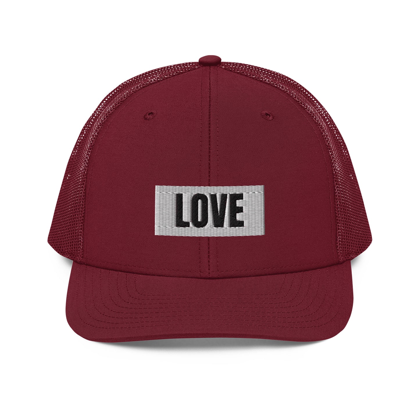 A maroon snapback trucker cap with the word "LOVE" in white block letters inside a white rectangle, embroidered on the front panel. The hat features a curved brim, white mesh back panels for ventilation, and an adjustable snap closure for a comfortable, custom fit.