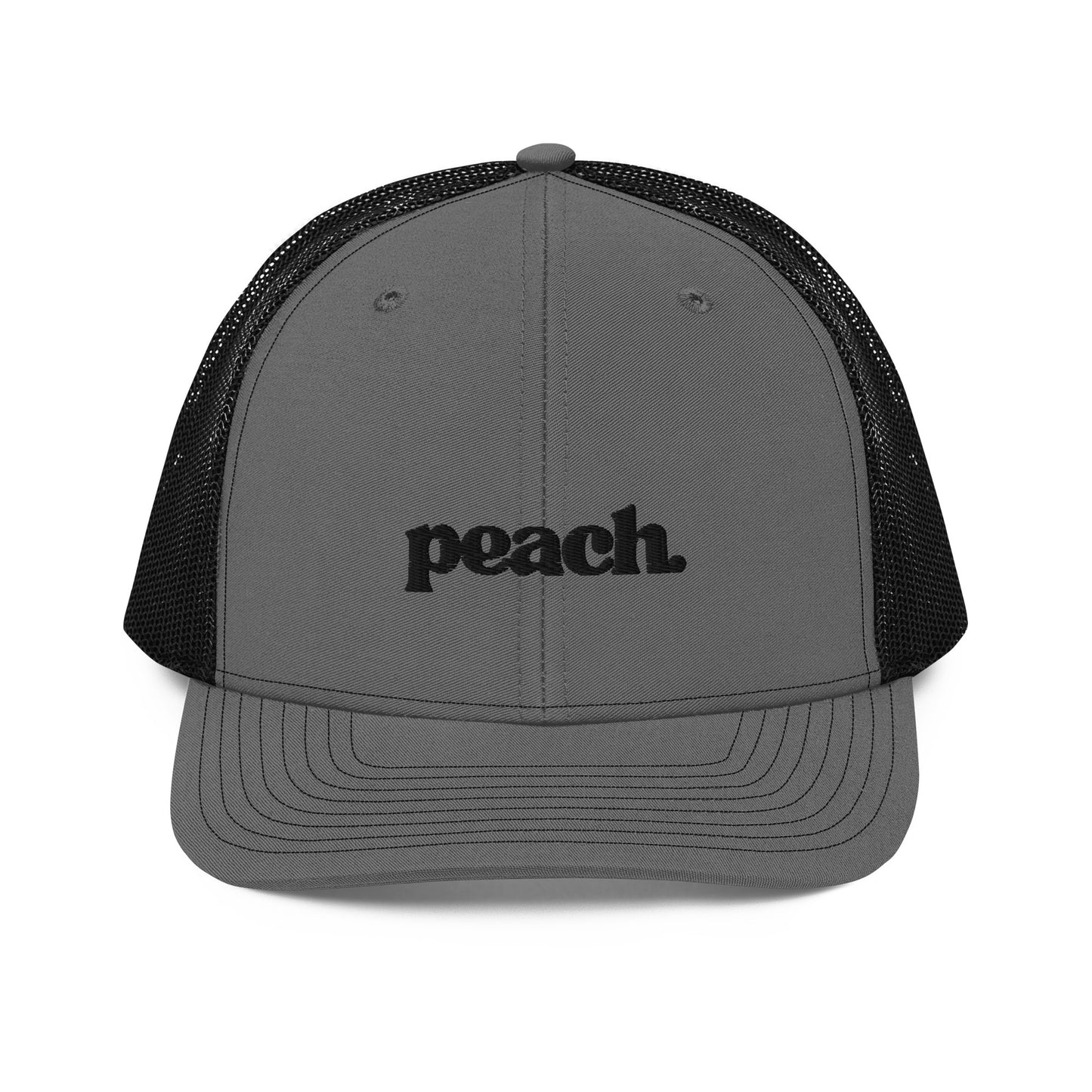 A front view of an grey and black snapback trucker cap, featuring the word "peach." in a casual black script embroidered on the front panel. The cap has a pre-curved visor, a button top, and breathable mesh panels on the sides and back for a comfortable fit.