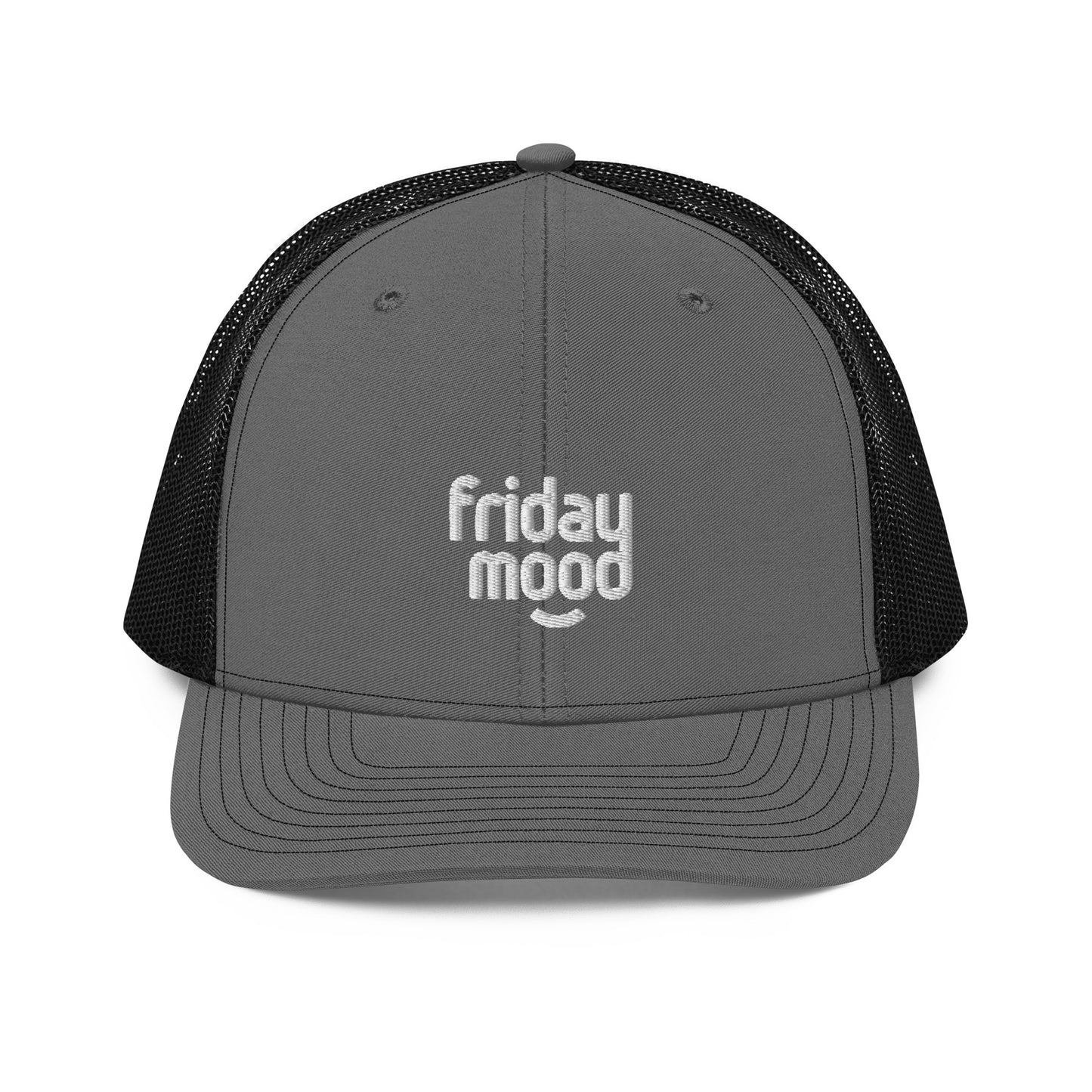 A front view of a grey and black snapback trucker cap with the phrase "friday mood" embroidered in white lowercase letters on the front panel. The cap features a pre-curved visor, a top button, and white breathable mesh back panels, designed for a casual and comfortable fit.