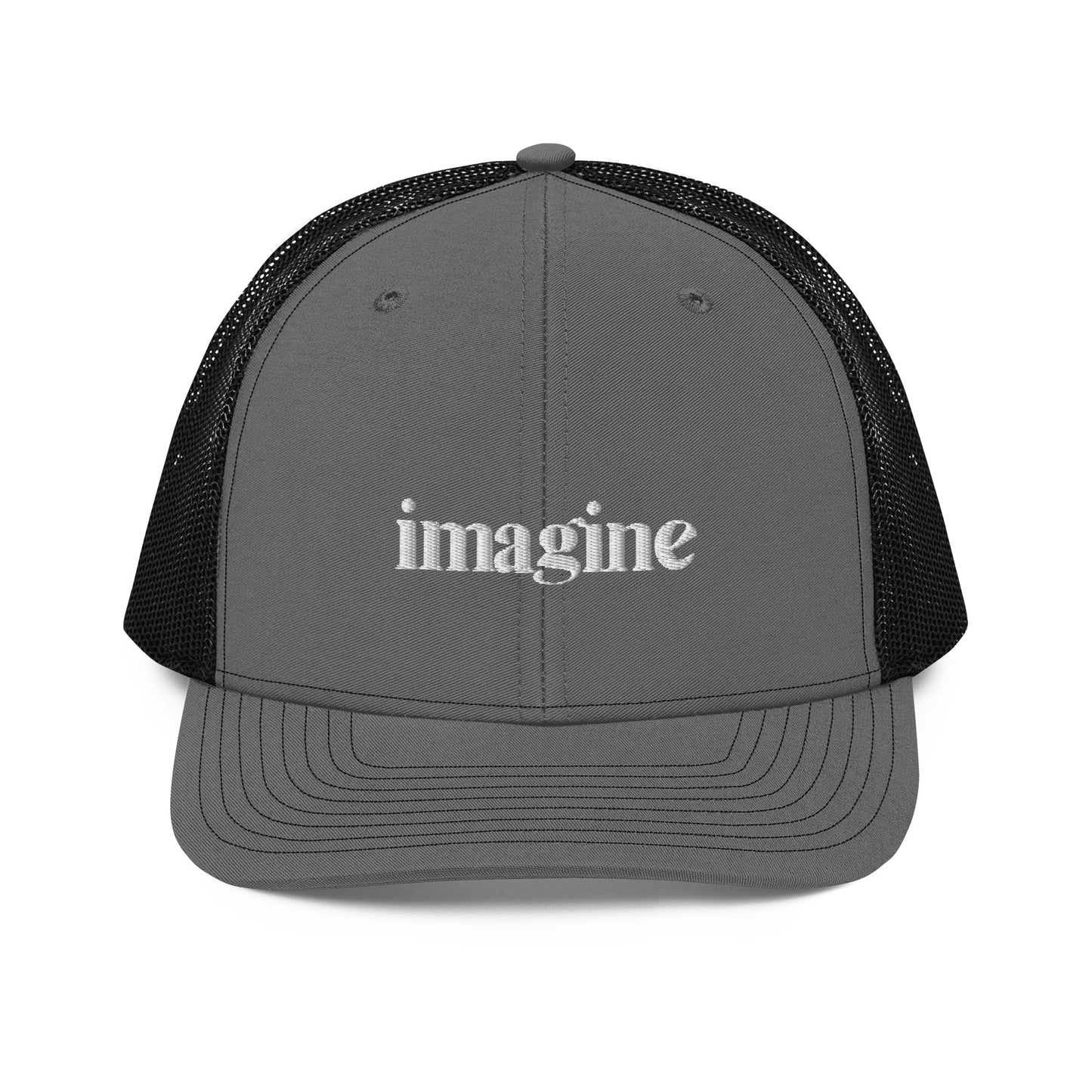 A grey and black snapback trucker cap with the word "imagine" embroidered in white cursive letters on the front panel. The hat features a curved visor, structured front panels, and breathable mesh on the sides and back, with an adjustable snap closure for a comfortable, customized fit.