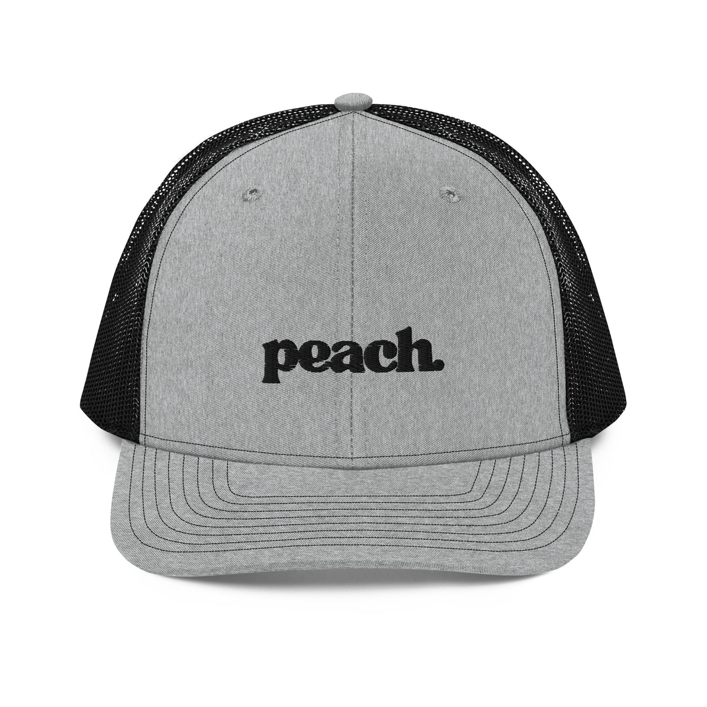 A front view of an grey and black snapback trucker cap, featuring the word "peach." in a casual black script embroidered on the front panel. The cap has a pre-curved visor, a button top, and breathable mesh panels on the sides and back for a comfortable fit.