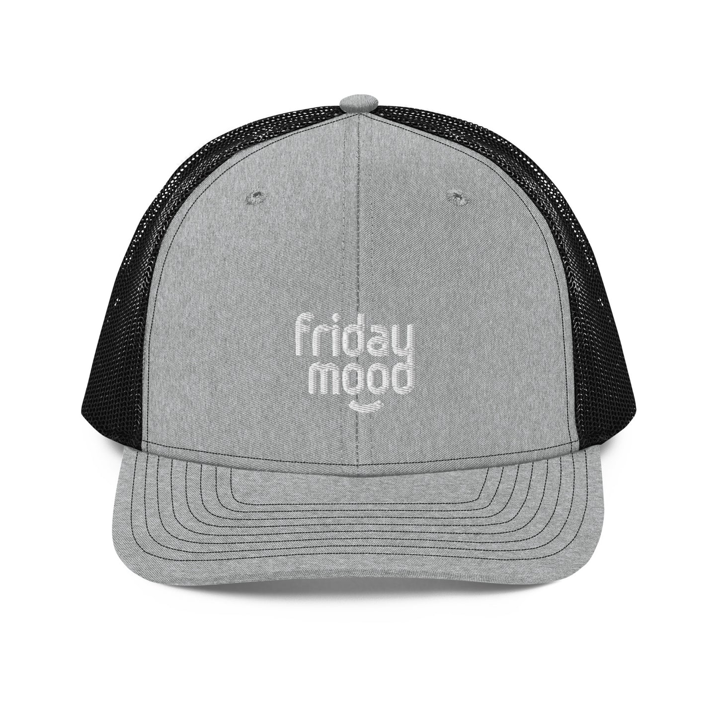 A front view of a grey and black snapback trucker cap with the phrase "friday mood" embroidered in white lowercase letters on the front panel. The cap features a pre-curved visor, a top button, and white breathable mesh back panels, designed for a casual and comfortable fit.